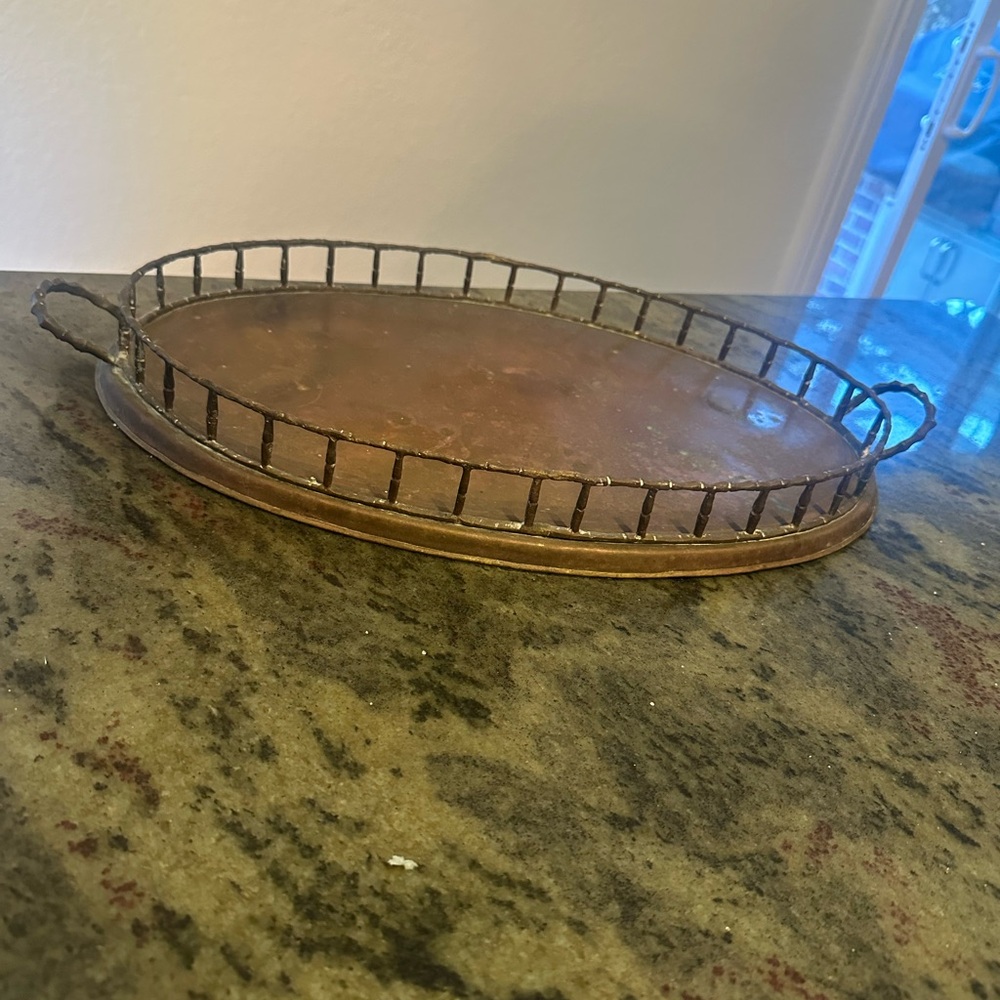 Vintage Oval brass Metal Serving Tray with Handles monogram RWG